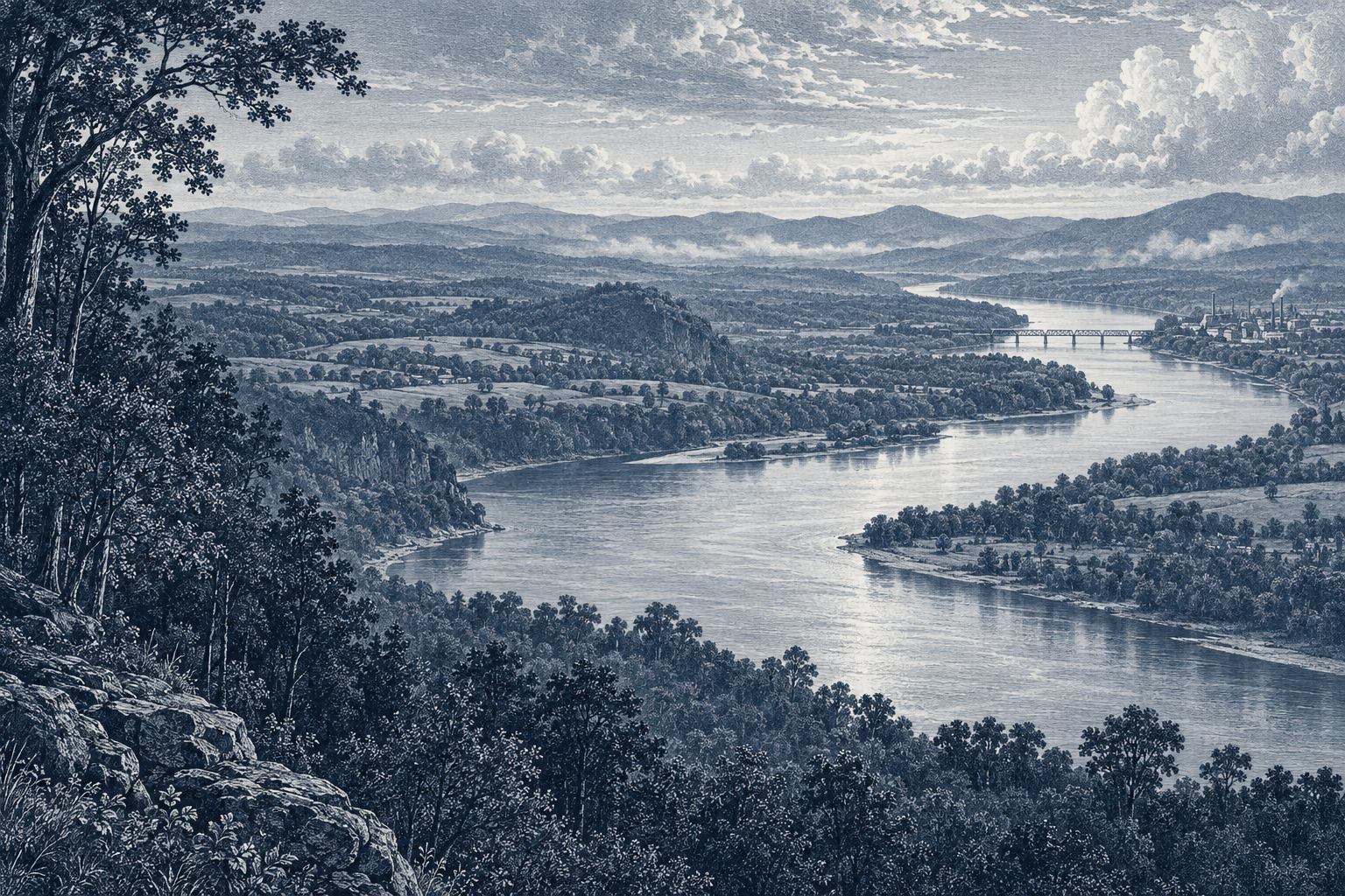 A monochromatic navy engraving of a broad river winding through rolling wooded hills, with a small factory town and railway bridge in the distance.